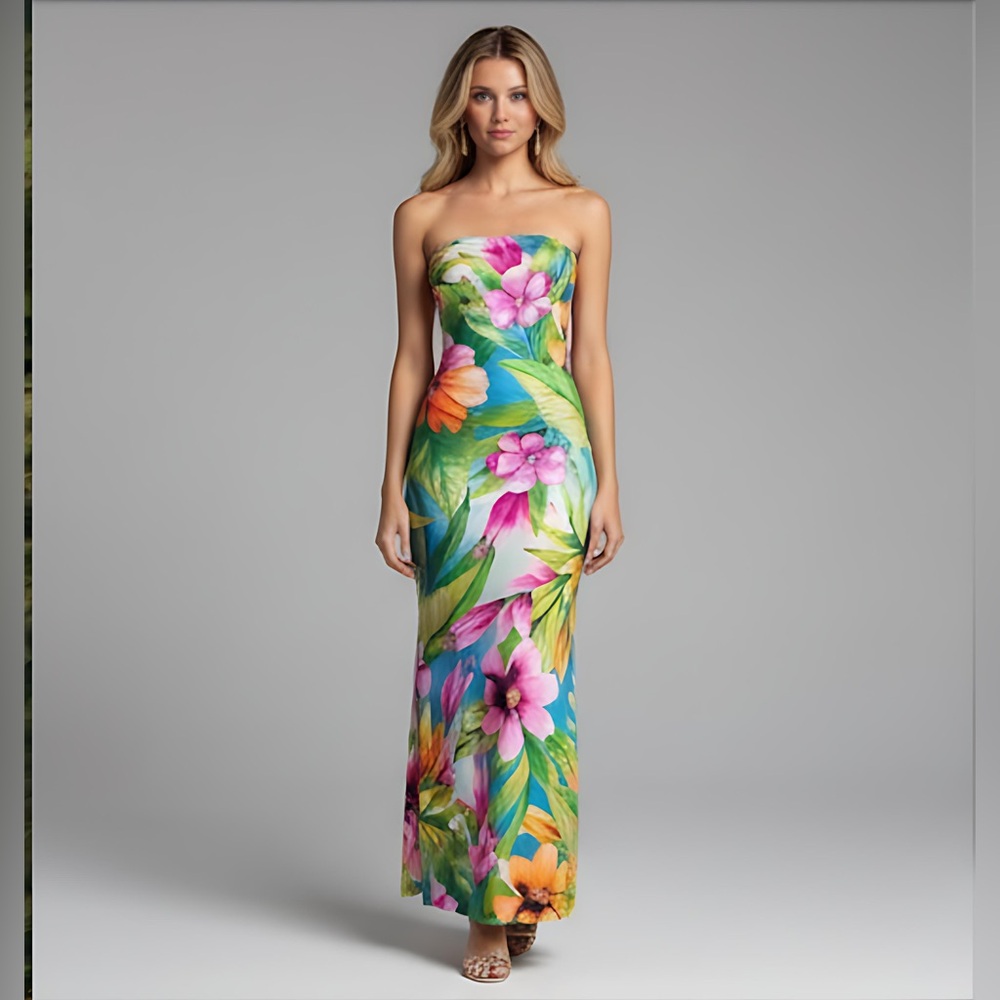 Strapless Floral Print Dress